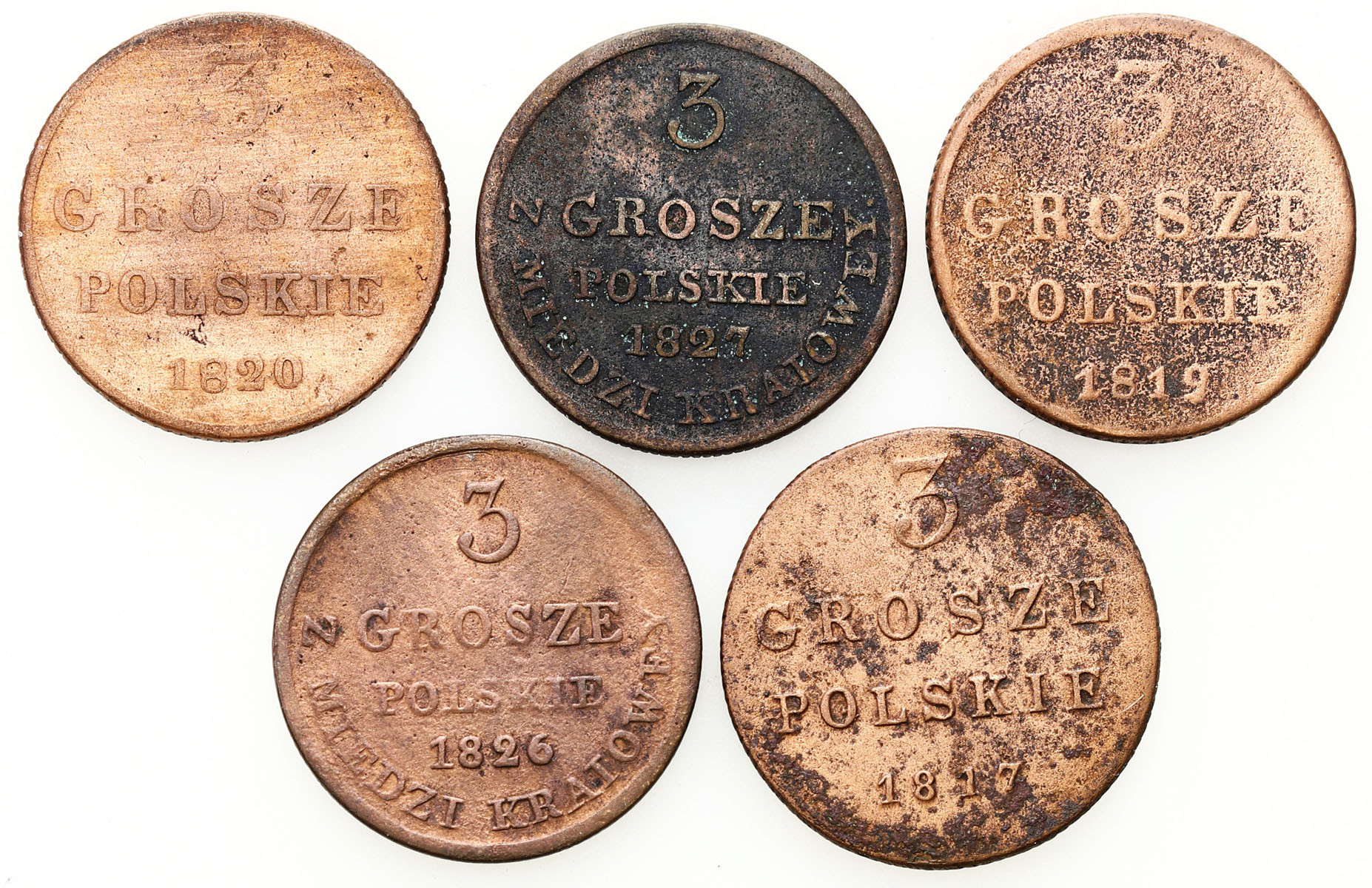Polska XIX w./Rosja. Trojak (3 grosze) 1817-1827, Warszawa, zestaw 5 monet